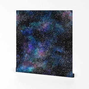 Galaxy Wallpaper - Galaxy Deep Space By Rebecca Reck Art - Blue Purple Black Stars Removable Self Adhesive Wallpaper Roll by Spoonflower