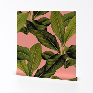 Banana Leaves On Coral Wallpaper - Palm In Palm By Peacoquettedesigns - Custom Printed Removable Self Adhesive Wallpaper Roll by Spoonflower