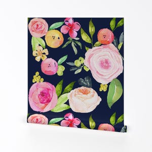 Floral Wallpaper - Watercolor Peonies Navy Large Print By Theartwerks - Custom Printed Removable Self Adhesive Wallpaper Roll by Spoonflower