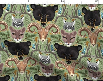 May include: A seamless pattern featuring a variety of animal faces, including a black bear, a bobcat, a mountain lion, and a ram. The animals are set against a green background with brown antlers and pine branches.