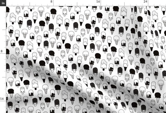 Kawaii Ice Cream Fabric - Sweet Ice Cream Ice Pop Sugar Kawaii Black White By Littlesmilemakers- Cotton Fabric By The Yard With Spoonflower
