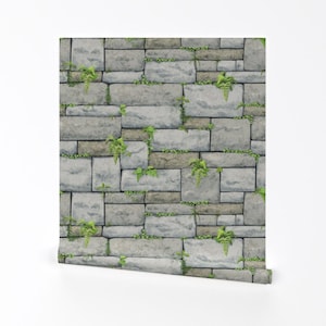 Faux Weathered Mossy Stone Wallpaper - Gray Stone Wall Large By Vinpauld - Faux Rock Removable Self Adhesive Wallpaper Roll by Spoonflower