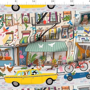 May include: A colorful illustration of a city street with buildings, shops, and animals. A yellow taxi cab drives down the street with a cow and a calf inside. There are many other animals in the scene, including a giraffe, a flamingo, a turtle, and a penguin.