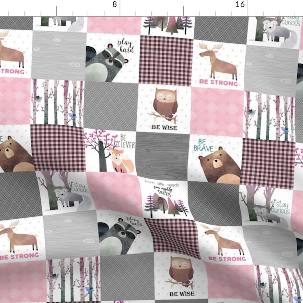 Quilt Pink Fabric - 3" Blocks- Woodland Critters Patchwork Quilt - Bear Moose Fox Raccoon Wolf, Grey Pink Design Gingerlous By Gingerlous