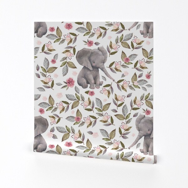 Papier peint éléphant - Baby Elephant Flowers par Shopcabin - Rouleau de papier peint auto adhésif amovible imprimé personnalisé éléphant par Spoonflower