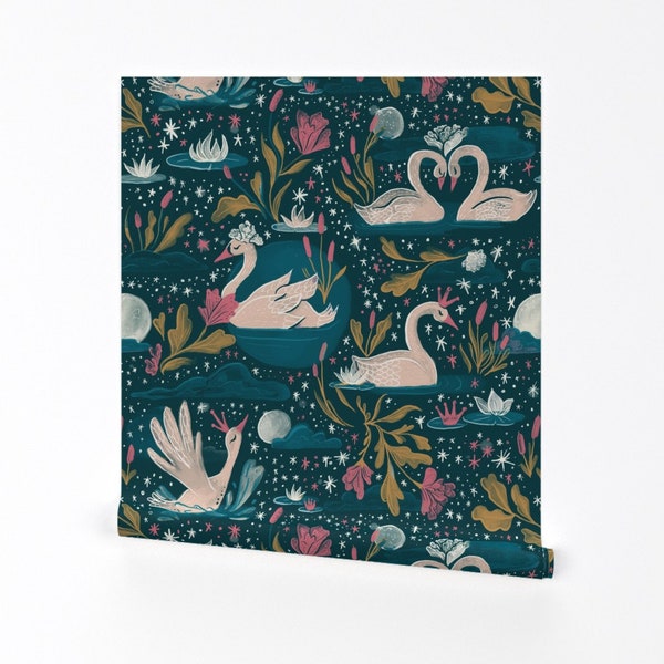 Fairy Tale Wallpaper - Swans At Moonlight by thestorysmith - White Swans Pink Teal Gold  Removable Peel and Stick Wallpaper by Spoonflower