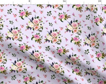 Lilac Floral Fabric -  Colette Blooms - Lilac By Shopcabin - Lilac Flowers Pink Roses Cotton Fabric By The Yard With Spoonflower