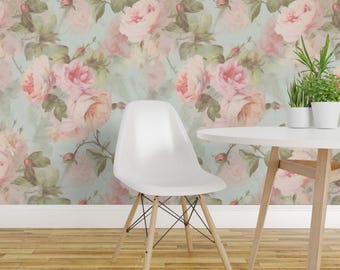 Watercolor Peel and Stick Wallpaper - Roses Botanical Cabbage Rose Vintage - Removable Wall Decor Art - Vintage Rose by maria_marinova
