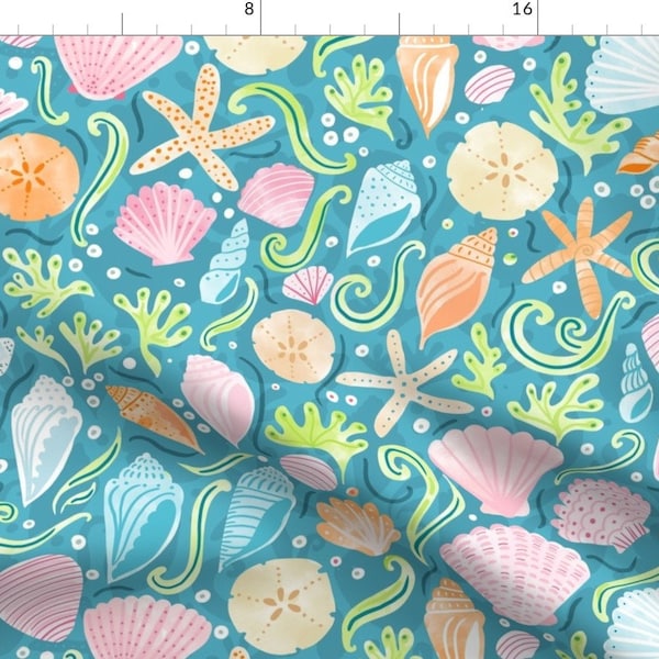 Sea Shells Fabric - She Sells Sea Shells By Creativeinchi - Mermaid Aqua Blue Pink Ocean Beach Cotton Fabric By The Yard With Spoonflower