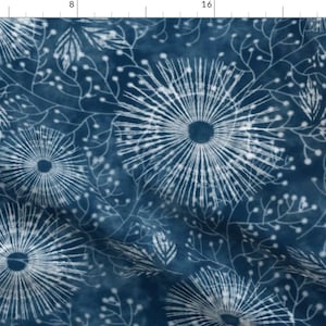 Indigo Shibori Style Fabric - Shibori Dandelion By Honoluludesigns - Japanese Inspired Floral Cotton Fabric By The Yard With Spoonflower