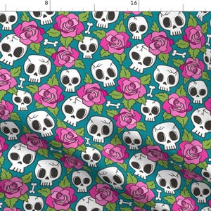 Skulls & Flowers Fabric - Skulls And Roses Pink On Teal By Caja Design - Halloween Skull Floral Cotton Fabric By The Yard With Spoonflower