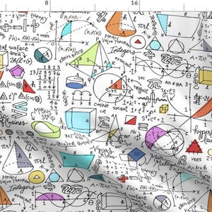 Può includere: Uno sfondo bianco con una varietà di formule matematiche, equazioni e forme geometriche colorate. Le forme includono cerchi, triangoli, quadrati e cubi. Le formule includono funzioni trigonometriche, calcolo e algebra. Il testo include parole come "legge iperbolica dei coseni", "moltiplicazione di matrici", "teorema del valore medio" e "interi".
