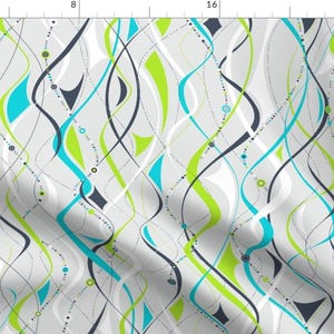 May include: Abstract pattern featuring wavy lines in shades of gray, white, turquoise, and lime green. The pattern is dotted with small circles in various colors.