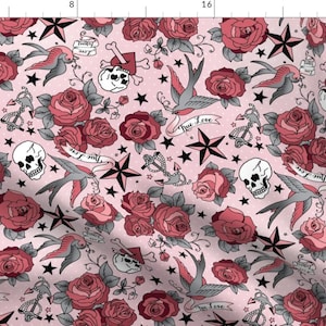 Grunge Tattoo Fabric - Girly Tattoo In Pink By Cynthiafrenette - Pink Floral Grunge Tattoo Cotton Fabric By The Yard With Spoonflower