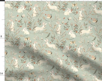 Spring Bunnies Fabric - Bunnies Dusky Green By Katherine Quinn - Bunny Rabbit Botanicals Spring Cotton Fabric By The Yard With Spoonflower