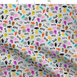 May include: A gray background with a repeating pattern of colorful hand gestures and the word "Vote" in black. The hand gestures include a fist, a peace sign, and a pointing finger. The text "For Fuck's Sake" is also repeated in a smaller font.