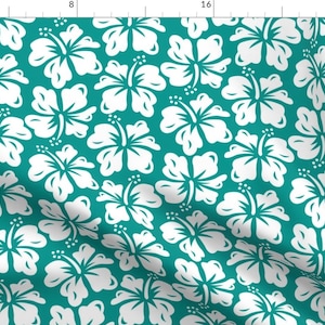 May include: A teal blue background with a white hibiscus flower pattern. The flowers are repeated throughout the image.