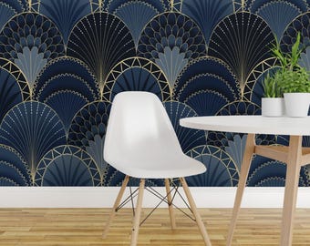 Art Deco Peel and Stick Wallpaper - Geometric Scallop Jumbo Scale - Removable Wall Decor Art - Art Deco Scallop Blue Jumbo by marketa_stengl