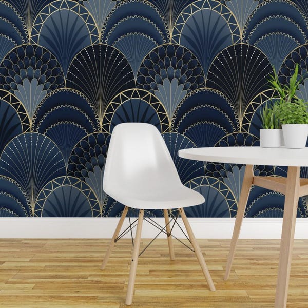 Art Deco Peel and Stick Wallpaper - Geometric Scallop Jumbo Scale - Removable Wall Decor Art - Art Deco Scallop Blue Jumbo by marketa_stengl