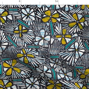May include: A seamless pattern featuring stylized flowers in shades of white, yellow, and teal on a dark gray background. The design is abstract and geometric, with a variety of shapes and lines.