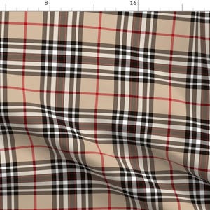 May include: Beige, black, white, and red plaid fabric with a subtle diagonal pattern.