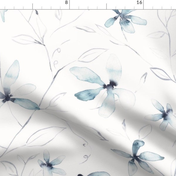 Blue Flowers Fabric - Clematis By Lolahstudio - White Blue Floral Botanical Gardening Vines Cotton Fabric by the Yard With Spoonflower