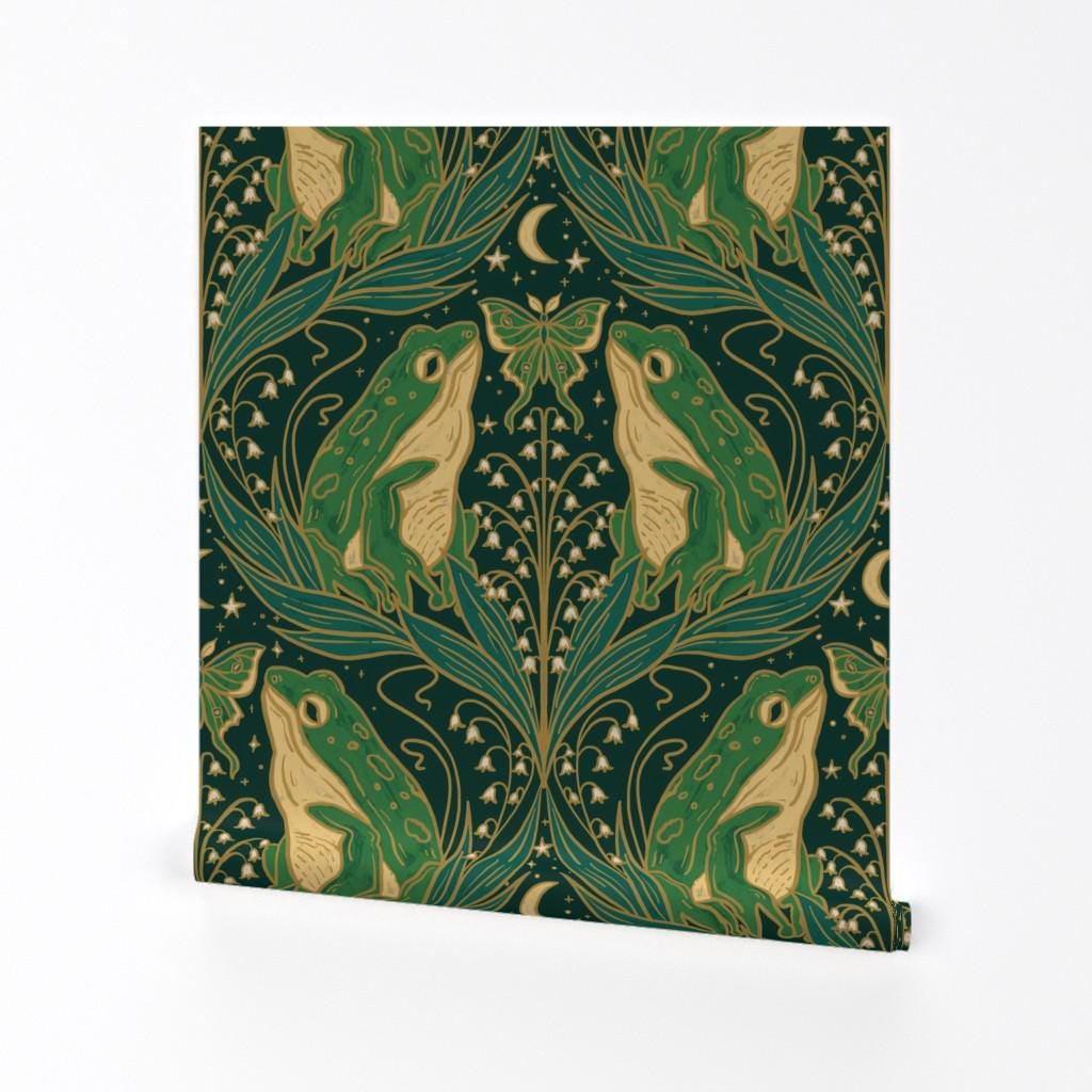 Art Nouveau Garden Removable Peel and Stick Wallpaper - Green - Wall Art Wall Decor - Nouveau Frogs Large by jillian_nichole_illustration