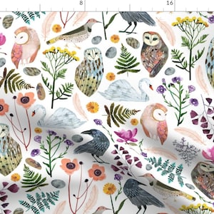 Birds Fabric - Lucid Dreams Miss Mystic By Zoe Ingram - Birds Botanical Floral Owl Fern Green Cotton Fabric By The Yard With Spoonflower