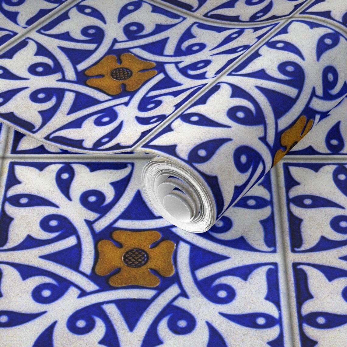 Tile Wallpaper Blue and White Tile by Peacoquettedesigns - Etsy