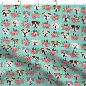 English Bulldog Fabric - English Bulldog Faces Florals Mint Pink By Petfriendly - Bulldog Floral Cotton Fabric By The Yard With Spoonflower