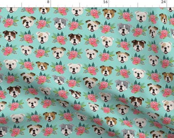 English Bulldog Fabric - English Bulldog Faces Florals Mint Pink By Petfriendly - Bulldog Floral Cotton Fabric By The Yard With Spoonflower