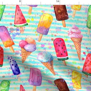Ice Cream Stripe Fabric - Retro Style Ice Cream By Olgersart - Watercolor Summer Cone Ice Lolly Cotton Fabric By The Yard With Spoonflower