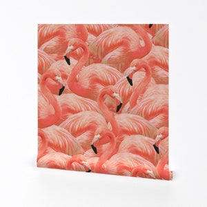 Flamingo Wallpaper - Flamingo Fever In Coral By Willowlanetextiles - Custom Printed Removable Self Adhesive Wallpaper Roll by Spoonflower