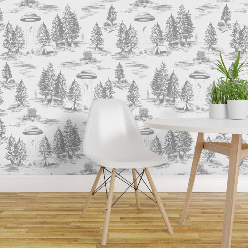 Peel-and-Stick-behang van de ufo - Space Aliens Whimsical Toile - Verwisselbare muurdecoratiekunst - Alien Abduction Toile De Jouy door somecallmebeth afbeelding 1