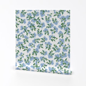 May include: White background with a repeating pattern of blue hydrangea flowers and green leaves.
