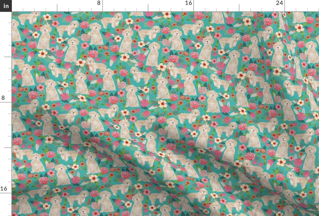 Cockapoo Fabric - Cockapoo Florals Cream White Dog - Turquoise by ...
