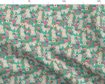 Cockapoo Fabric - Cockapoo Florals Cream White Dog - Turquoise By Petfriendly - Cockapoo Dog Cotton Fabric by the Yard with Spoonflower