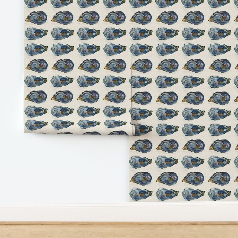 Coastal Wallpaper- Oysters In A Row - 6.35 Inches By Cityette - Beige Blue New England Removable Self Adhesive Wallpaper Roll by Spoonflower image 4