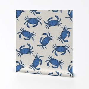 Crab Wallpaper - Blue Crab By Littlerhodydesign - Crab Blue White Ocean Custom Printed Removable Self Adhesive Wallpaper Roll by Spoonflower