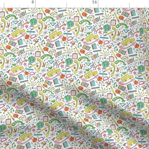 May include: A white background with a repeating pattern of colorful doodles related to school and learning. The doodles include a globe, pencils, scissors, light bulbs, apples, and the words "learn" and "study".