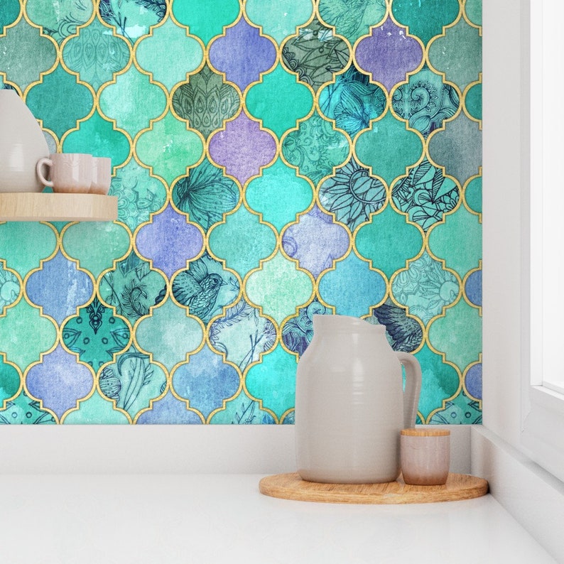 Moroccan Ogee Wallpaper Mint Lilac Decorative Moroccan Tiles - Etsy
