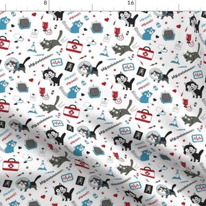 Veterinary Fabric - Kitty Chaos At The Vet By Vintage Style - White Blue Red Kids Doctor Office Cotton Fabric By The Yard With Spoonflower