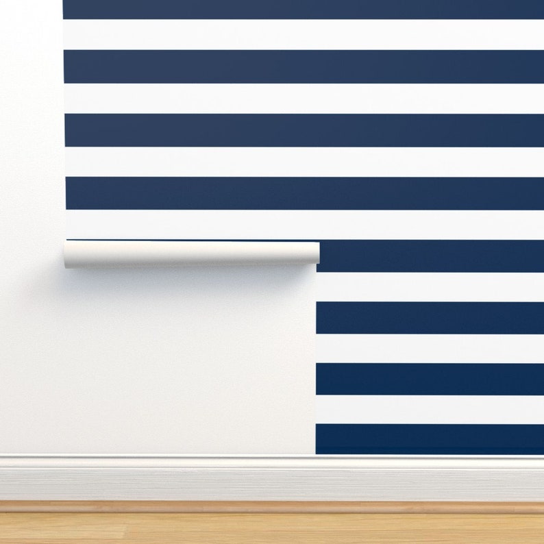 Navy and White Stripe Wallpaper - Preppy Stripes - Deep Navy By Drapestudio - Printed Removable Self Adhesive Wallpaper Roll by Spoonflower 