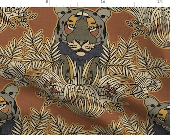 Tiger Fabric - Tiger Sienna By Boszorka - Tiger Damask Earth Tone Jungle African Zodiac Palms Cotton Fabric By The Yard With Spoonflower