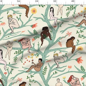 Boho Women Apparel Fabric - Women In Trees by dasbrooklyn - Floral Trees Turquoise Botanical Naked Feminist Clothing Fabric by Spoonflower image 2
