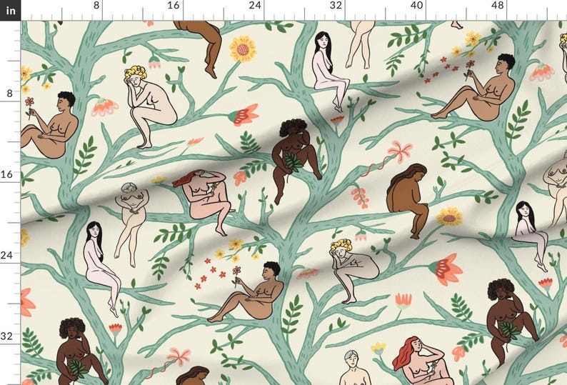 Boho Women Apparel Fabric - Women In Trees by dasbrooklyn - Floral Trees Turquoise Botanical Naked Feminist Clothing Fabric by Spoonflower image 2