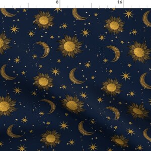 Night Sky Fabric - Golden Celestial by bronwyn_becks - Blue Yellow Sun Moon Stars Gothic Space Fabric by the Yard by Spoonflower