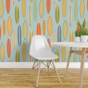 Surfing Peel and Stick Wallpaper - Pastel Mid Century Mod Atomic Tropical - Removable Wall Decor Art - Vintage Surfboards by theodesign