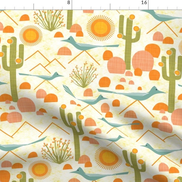 Southwestern Fabric - Roadrunners And Ocotillo by vo_aka_virginiao - Mid Century Mod Desert Sun Mountains Fabric by the Yard by Spoonflower