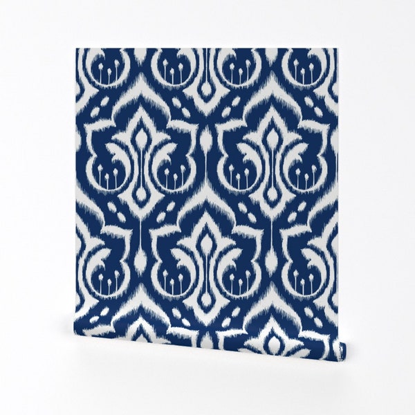 Ikat Damask Wallpaper - Ikat Damask - Midnight Blue By Pattysloniger - Custom Printed Removable Self Adhesive Wallpaper Roll by Spoonflower